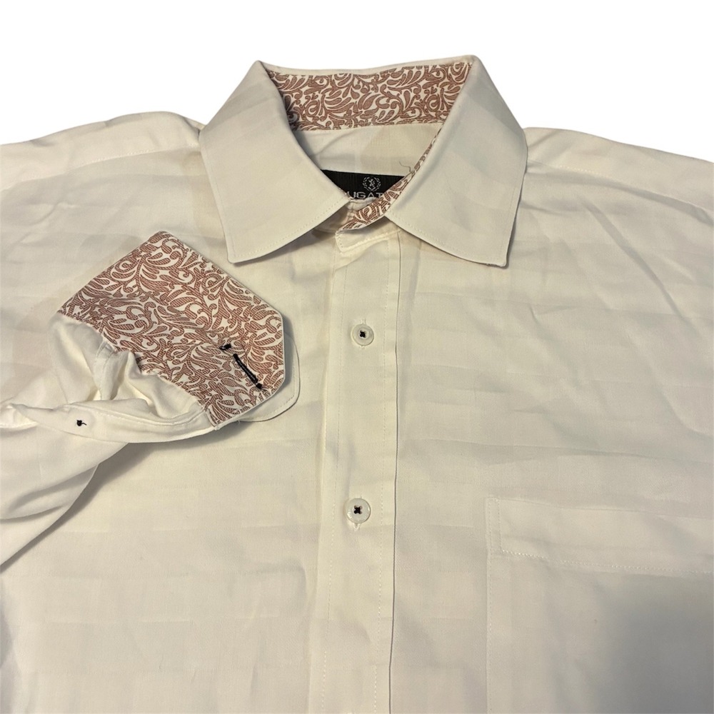 Bugatchi Uomo Mens White Tonal Square Long Sleeve Button Down Shirt Paisley Trim